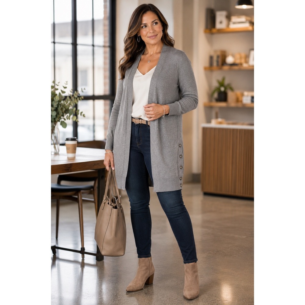 Tahari Merino Wool Blend Open‎ Front Long Cardigan Gray Size Medium